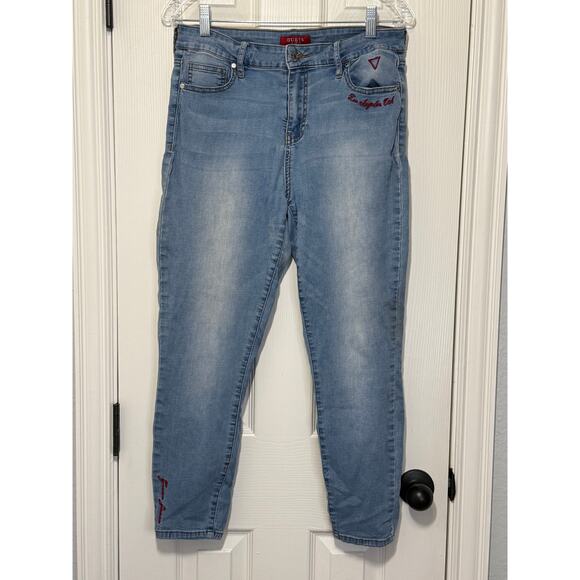 Guess Light Wash Skinny Jeans Size 31 Embroidered LA CA Y2K Street Style - Picture 1 of 9